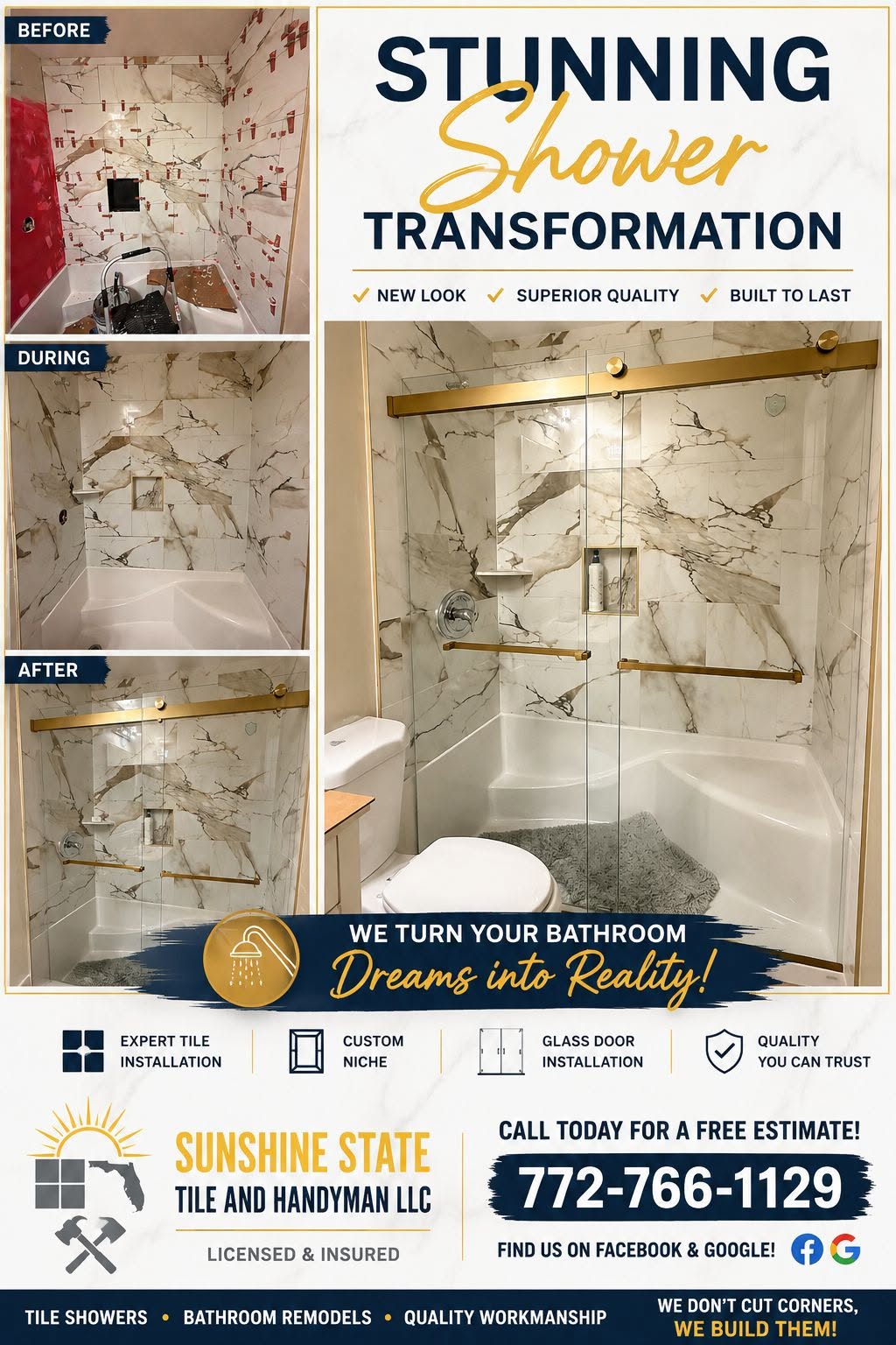 Completed white marble-look shower